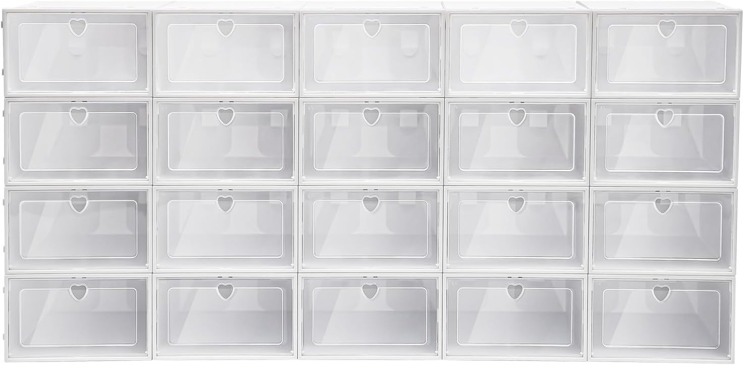20-Pack Clear Foldable Stackable Shoe Box Drawer Organiser