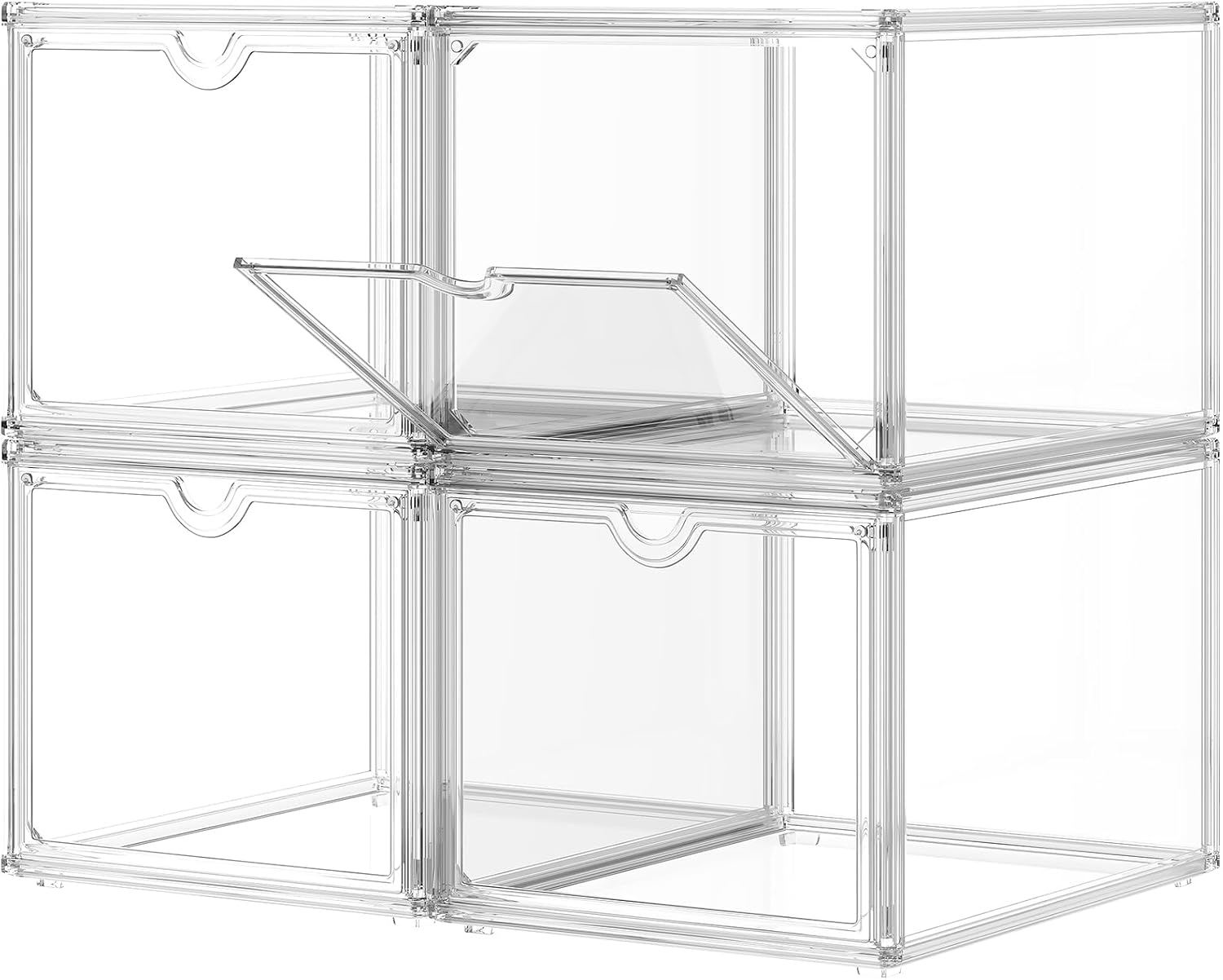 4-Pack Clear Stackable Shoe Storage Boxes, Magnetic Door