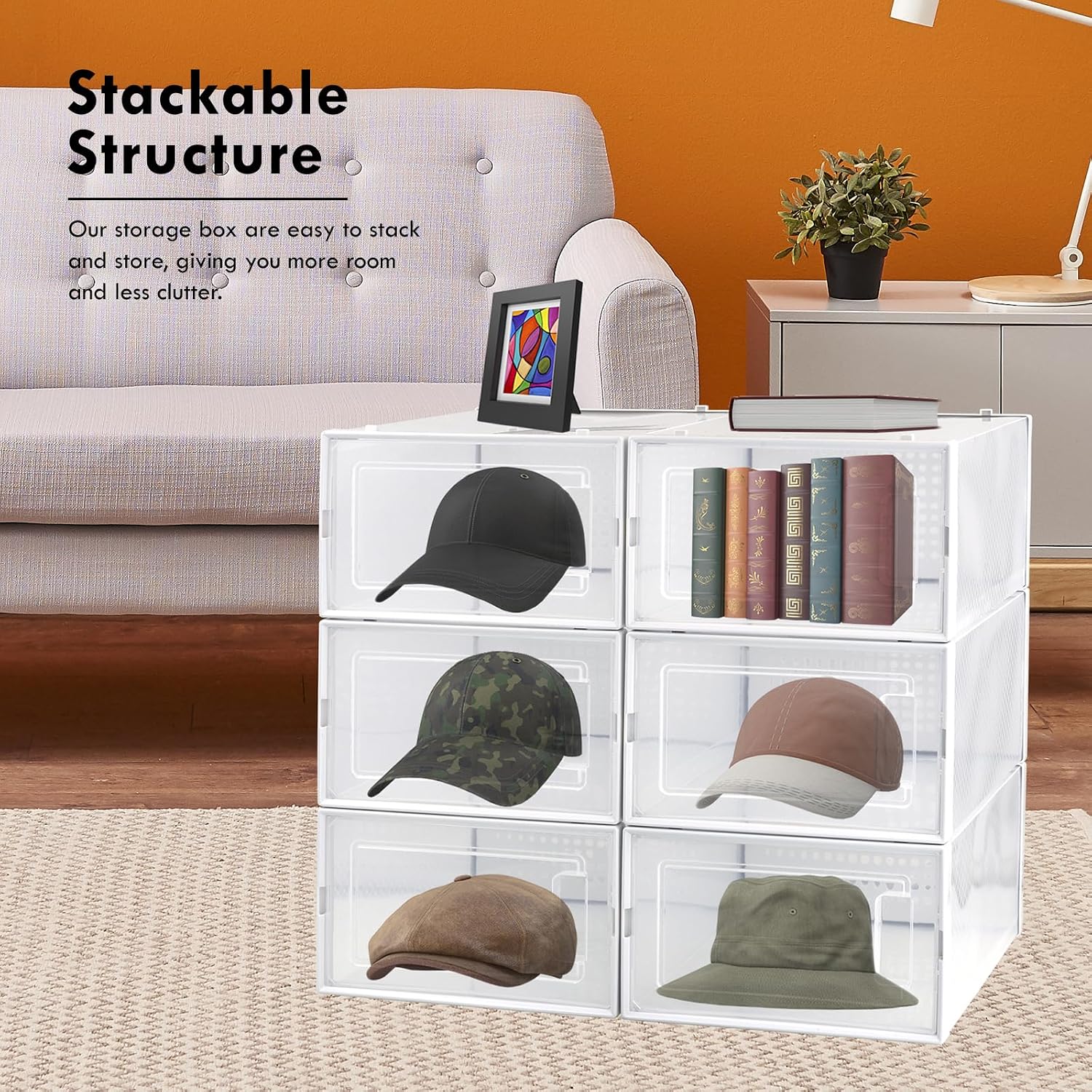 6-Pack Clear Stackable Plastic Shoe Storage Bins, Medium - Image 2