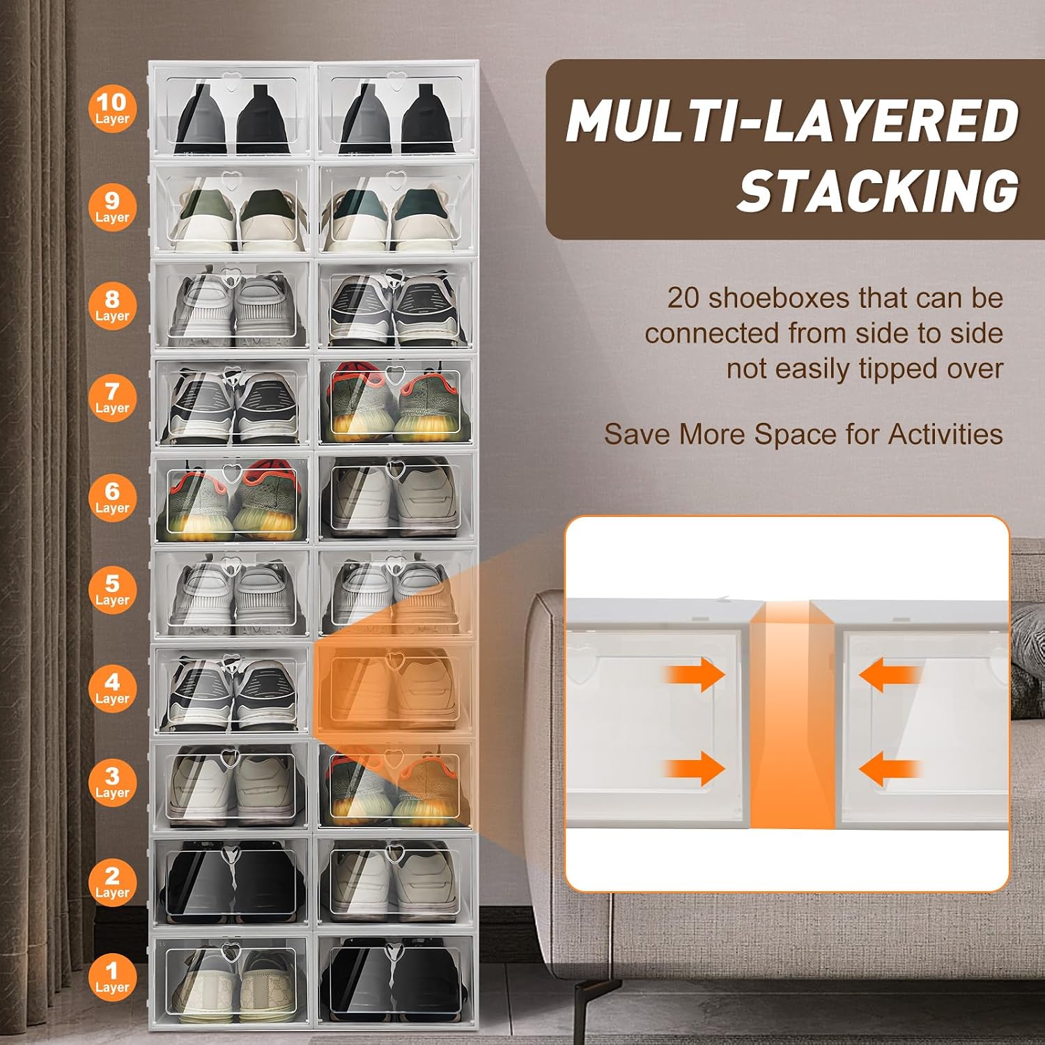 20-Pack Clear Foldable Stackable Shoe Box Drawer Organiser - Image 2